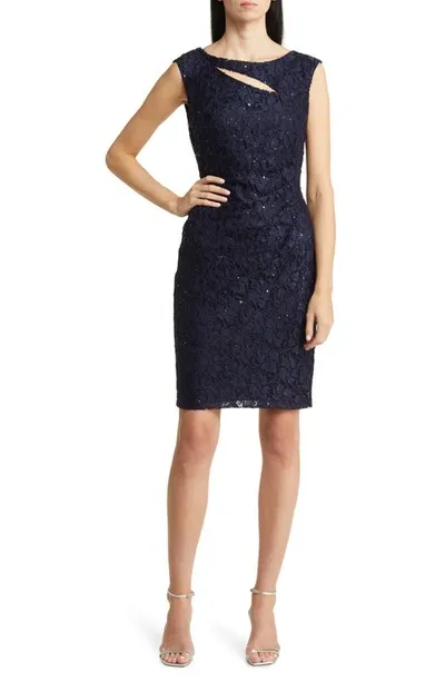 Connected Apparel Sequin Lace Body-con Cocktail Dress In Navy