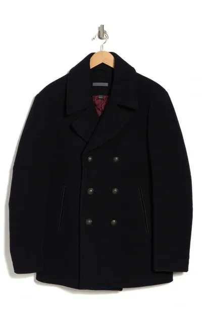 John Varvatos Carlos Wool Blend Peacoat With Removable Faux Leather Bib Insert In Blue