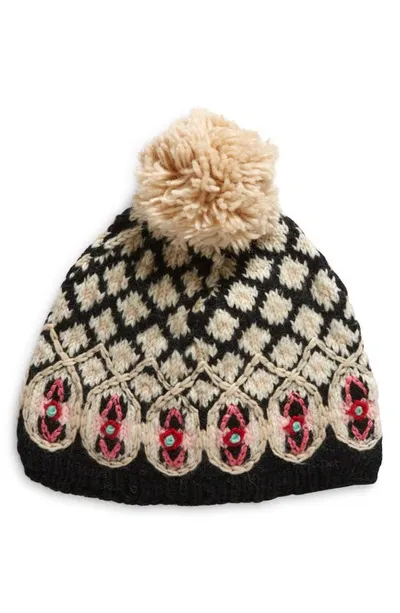 French Knot Wool Pompom Beanie In Black