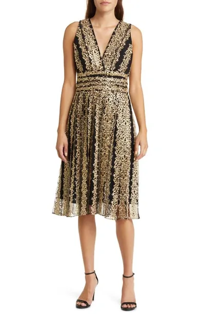 Marchesa Notte Metallic Embroidery Cocktail Dress In Black Gold