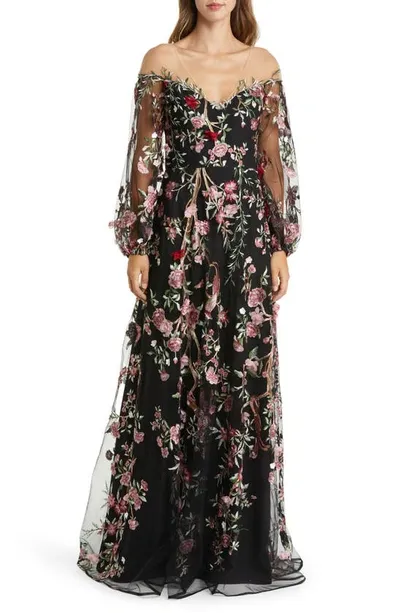 Marchesa Notte Floral Embroidery Long Sleeve Gown In Black