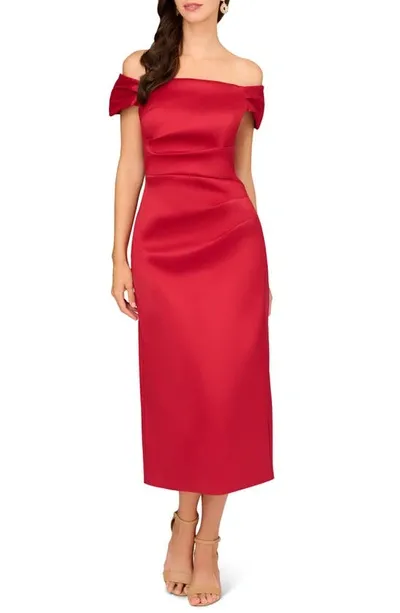 Aidan Mattox By Adrianna Papell Off The Shoulder Mikado Midi Cocktail Dress In Matador Red