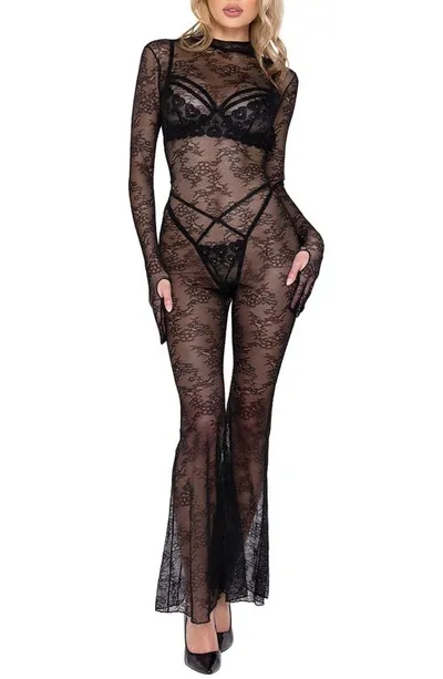 Roma Confidential Floral Long Sleeve Lace Bell Bottom Catsuit In Black