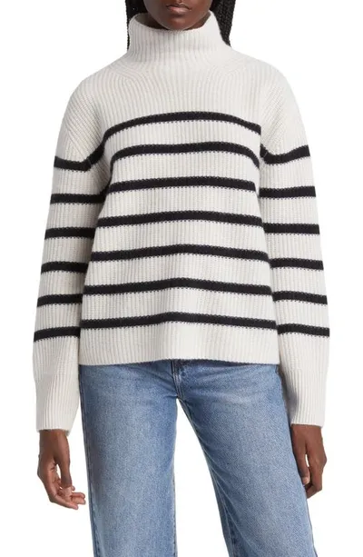 Nordstrom Stripe Cashmere Mock Neck Sweater In Ivory Sand- Black Stripe