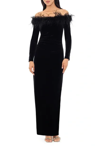 Xscape Feather Trim Off The Shoulder Long Sleeve Scuba Maxi Dress In Black