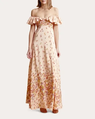 Bytimo Cold-shoulder Floral-print Satin Maxi Dress In Orange