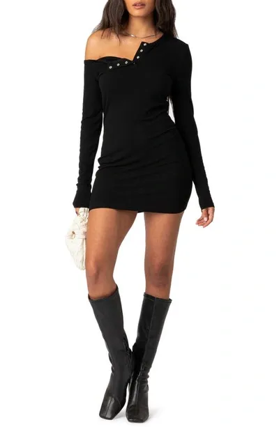 Edikted Soleste Long Sleeve Rib Henley Minidress In Black