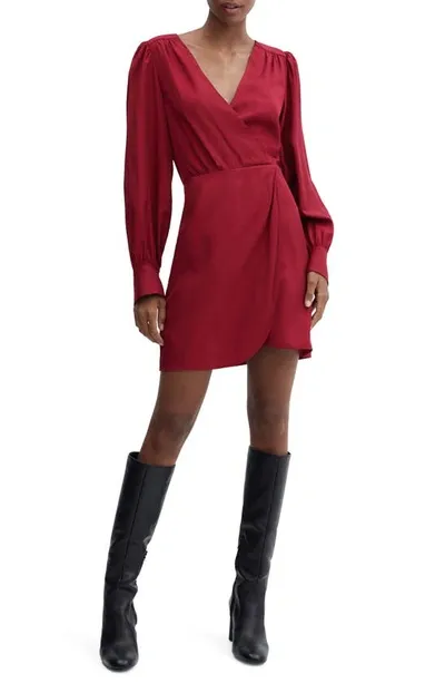 Mango Long Sleeve Faux Wrap Minidress In Burgundy