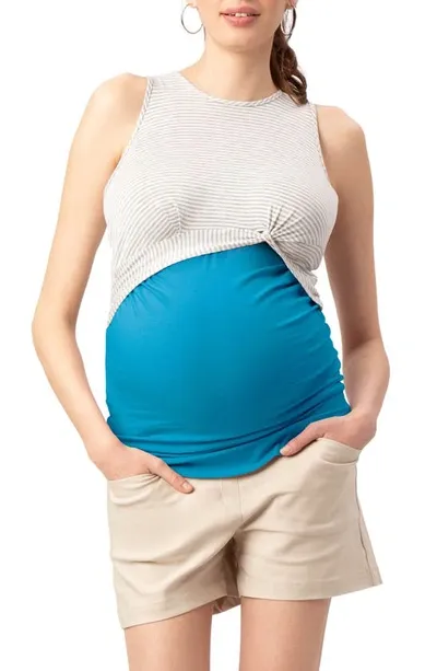 Stowaway Collection Twist Crop Maternity/nursing Top In Teal