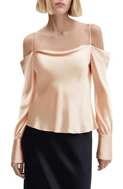 Mango Drape Neck Cold Shoulder Satin Top In Pink