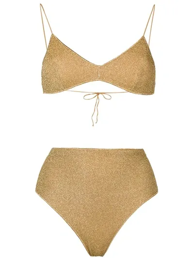 Oseree Womens Gold Lumière Metallic High-rise Bikini Set L