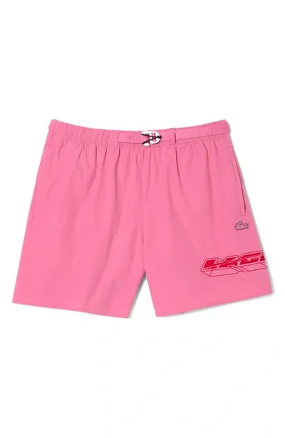 Lacoste Belted Swim Trunks In Reseda Pink