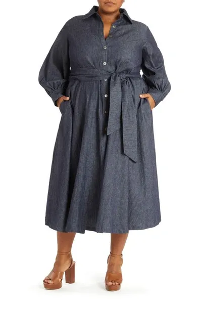 Pari Passu Oli Tie Waist Long Sleeve Denim Midi Shirtdress In Indigo Wash