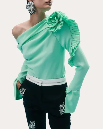 Hellessy Belle Ruffle Rosette One-shoulder Long-sleeve Crop Top In Sea Foam