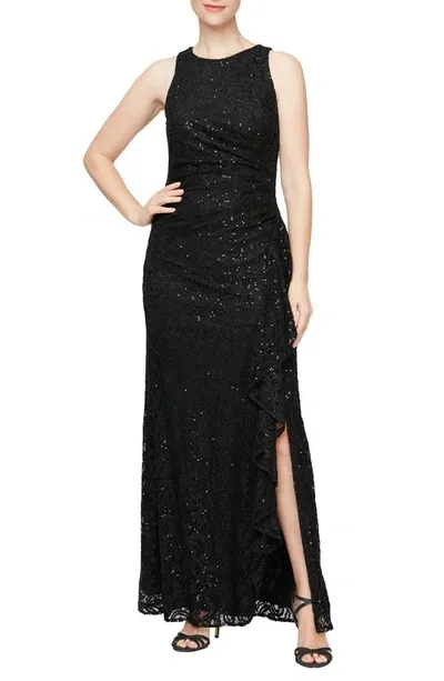 Alex Evenings Ruffle Sequin Lace Formal Gown In Black