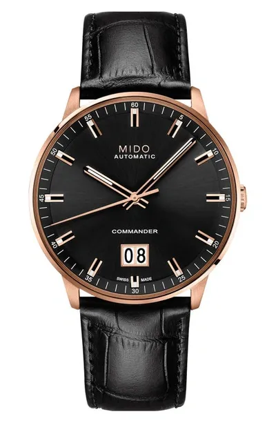 Mido Commander Ii Skeleton Leather Strap Watch In Black