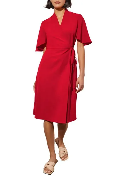 Ming Wang Butterfly Sleeve Crêpe De Chine Wrap Dress In Poppy Red