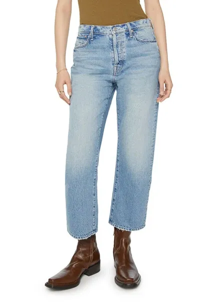 Mother The Ditcher High Waist Frayed Crop Straight Leg Jeans In Blue