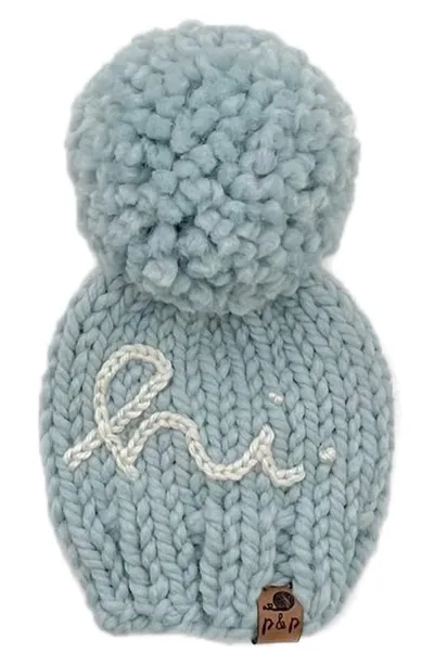 Pine + Poppy Kids' Hi Embroidered Pompom Hat In Light Blue