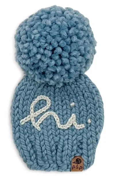 Pine + Poppy Kids' Hi Embroidered Pompom Hat In Rich Blue