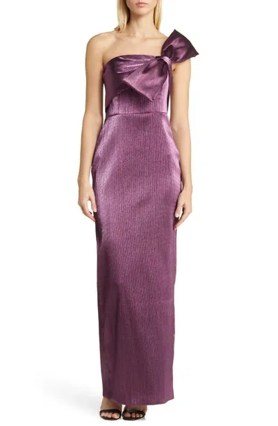 Black Halo Bisella Bow Metallic One-shoulder Gown In Purple Passion