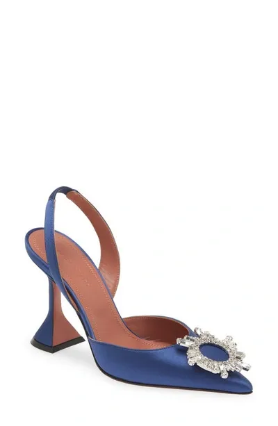 Amina Muaddi Begum Crystal Pointed Toe Slingback Pump In Navy Blue