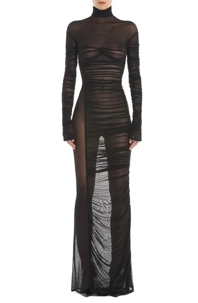 Mugler Ruched Sheer Long Sleeve Turtleneck Dress In Black