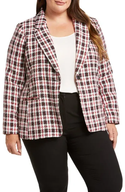 Tahari Plaid Notch Lapel Tweed Blazer In Ivory Black Red