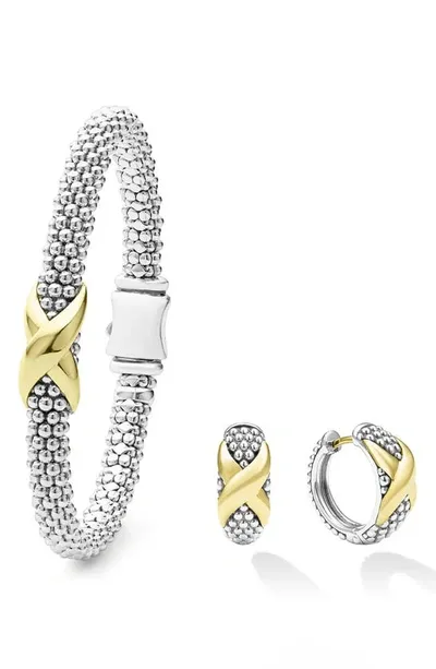 Lagos Caviar Beaded Bangle & Hoop Earrings Set In Silver Yellow Gold