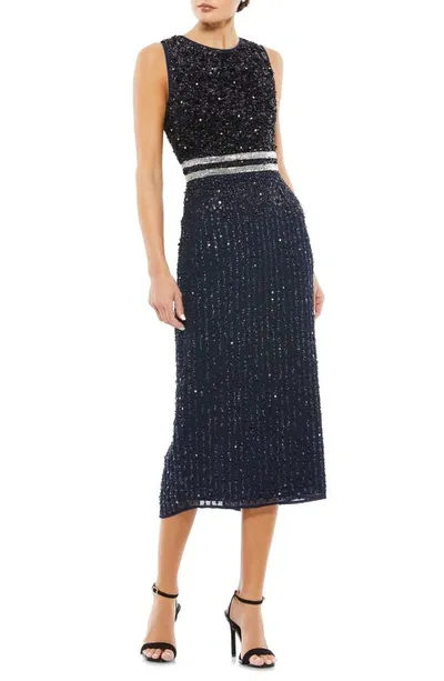 Mac Duggal Sequin Sleeveless Sheath Midi Cocktail Dress In Navy