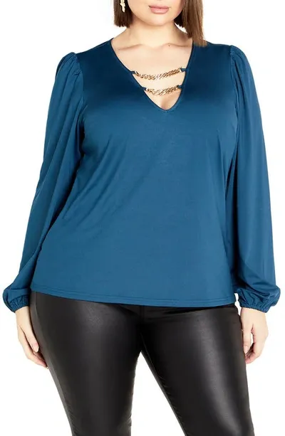 City Chic Romee Chain Detail Long Sleeve Top In Blue