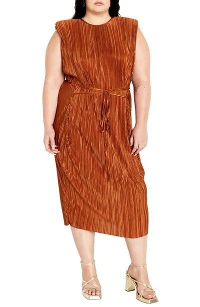 City Chic Alexis Sleeveless Metallic Plissé Cocktail Dress In Brown