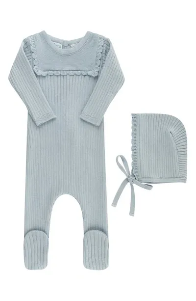 Feltman Brothers Babies'  Ruffled Yoke Rib Romper & Bonnet Set In Powder Blue