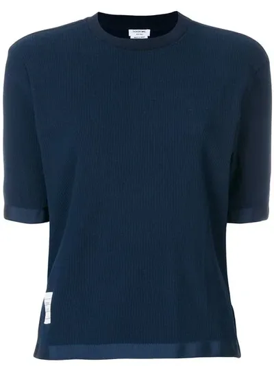 Thom Browne Tonal Grosgrain Ribbed Crew Neck Tee In Blue