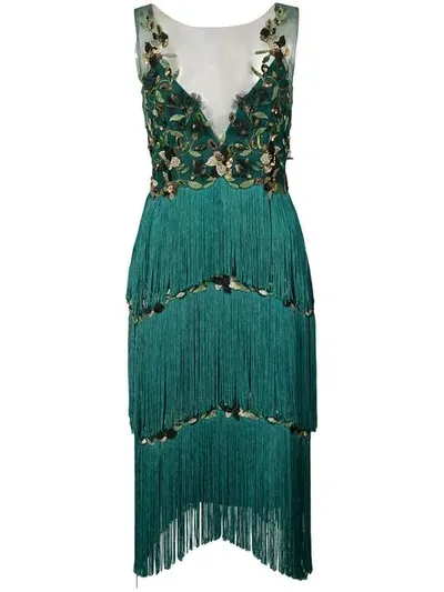 Marchesa Notte Fringed Appliqué Dress In Green