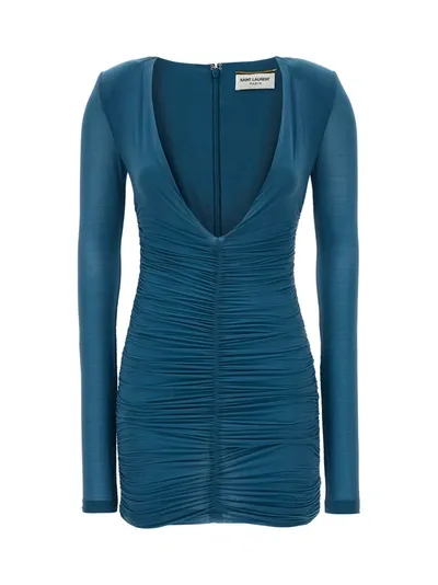 Saint Laurent Draped Jersey Dress Dresses In Blue