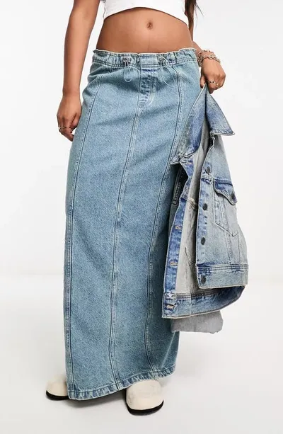 Asos Design Parachute Denim Midi Skirt In Mid Blue