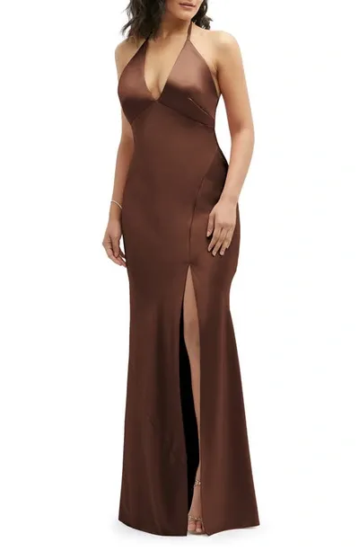 After Six Plunge Neck Charmeuse Halter Gown In Brown