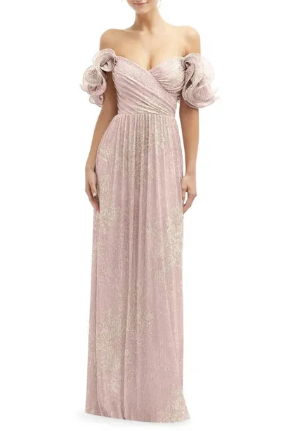 After Six Ruffle Off The Shoulder Metallic Column Gown In Pink Gold Foil