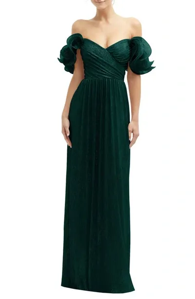 After Six Ruffle Off The Shoulder Metallic Column Gown In Metallic Evergreen