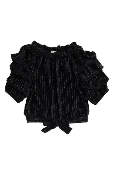 Habitual Kids' Metallic Stripe Gathered Sleeve Velour Top In Black