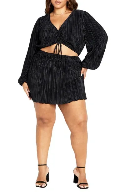 City Chic Hailee Plissé Cutout Long Sleeve Minidress In Black