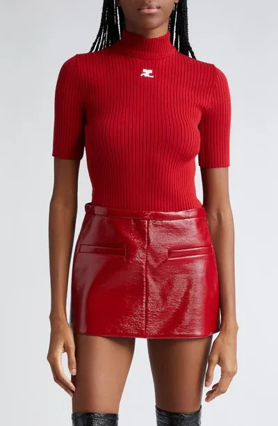 Courrèges Embroidered Logo Mock Neck Rib Sweater In Red