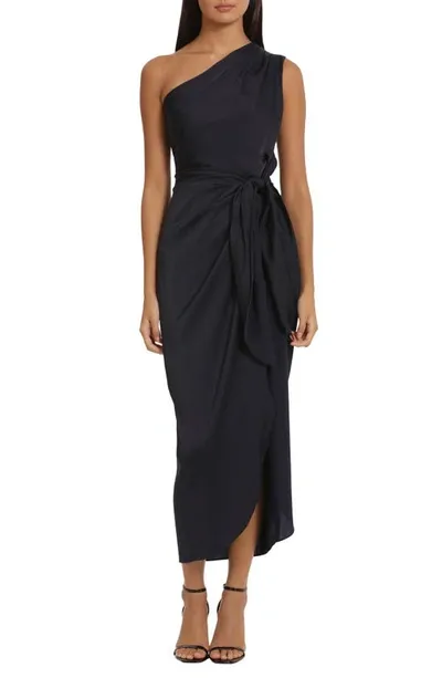 Donna Morgan For Maggy Draped Skirt One-shoulder Dress In Twilight Navy