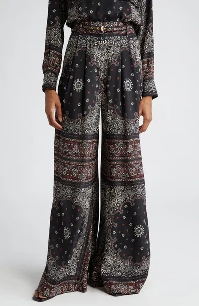 Zimmermann Bandana Print Pleated Wide Leg Pants In Black