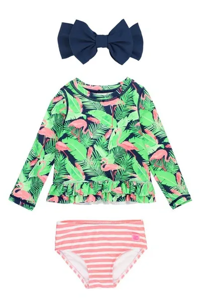 Rufflebutts Babies'  Kids' Long Sleeve Two-piece Rashguard Swimsuit & Hat Set In Flamingo Frenzy