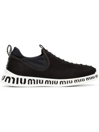 Miu Miu Black And White Jewelled Stretch Logo Sneakers