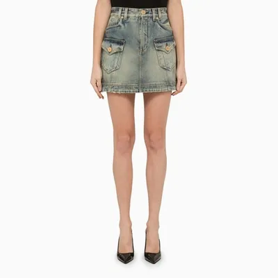 Balmain Washed-out Denim Miniskirt In Blue