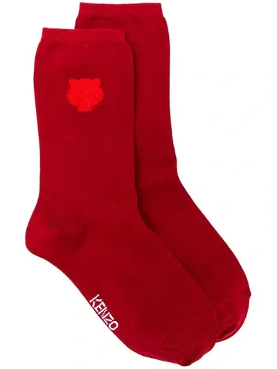 Kenzo Tiger Logo Embroidered Socks In Red