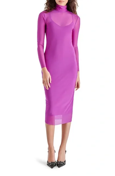 Steve Madden Vivienne Long Sleeve Mesh Midi Dress In Magenta Purple